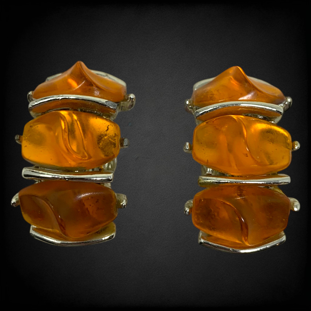 Vintage STAR Amber Orange Lucite Clip On Earrings Gold Tone MCM Mod 1960s